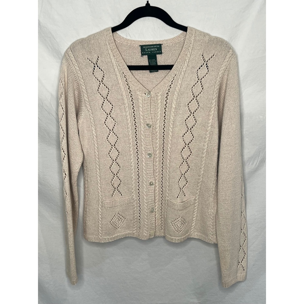 VTG Lauren Ralph Lauren Linen Blend Hand Knit L Beige Tan Cardigan Sweater READ